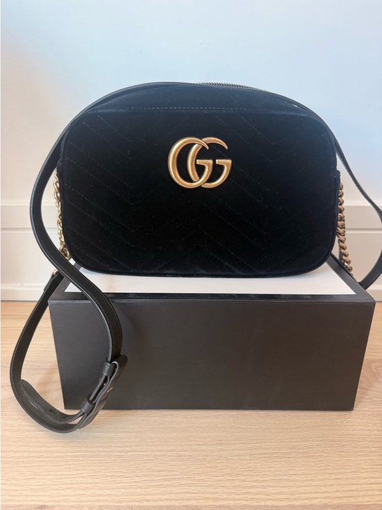 Gucci Handbags - Gucci Black Velvet GG Camera Crossbody Bag with Gold Hardware